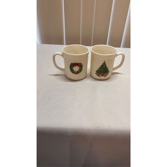 SALEM PORCELAIN HOLLY FRANCE MILK GLASS MUGS WREATH CHRISTMAS TREE SET OF 6 - Picture 4 of 7